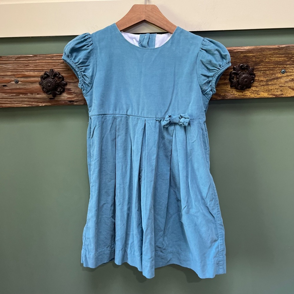 Little English Girls Blue Corduroy Empire Waist Puff Sleeve Dress Size 8